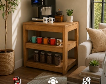 May include: A light brown wooden coffee station with three tiers. The top surface holds a black espresso machine, three white mugs, and a small wooden coffee grinder. The middle shelf displays five colorful mugs, and the bottom shelf holds four glass jars filled with coffee beans.