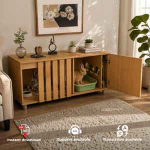 Plano para construir una conejera de interior: Jaula para conejos con estilo de mueble y comedero (PDF)