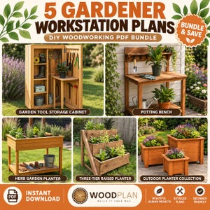 May include: A digital bundle of 5 gardener workstation plans featuring a garden tool storage cabinet, a potting bench, a herb garden planter, a three-tier raised planter, and an outdoor planter collection, all presented as a DIY woodworking PDF.