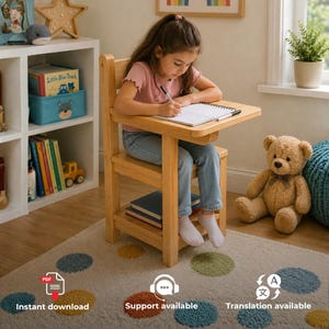 May include: A light-colored wooden activity chair with an attached desk surface and a lower storage shelf. The chair features a high backrest and sturdy legs, providing a dedicated space for writing or drawing tasks while seated comfortably.