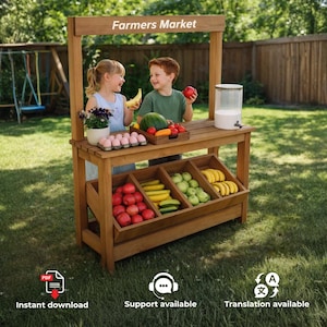 May include: A wooden farmers market stand featuring a top sign with the text Farmers Market, a flat counter surface, and three lower angled storage bins. The stand is stocked with various fruits, vegetables, a carton of eggs, and a beverage dispenser.