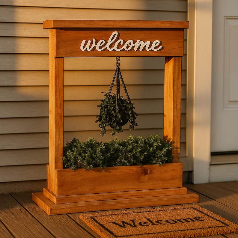 May include: A wooden welcome sign with a planter box. The sign has the word "welcome" in white script. A hanging basket with greenery is suspended from the top. The planter box is filled with green plants. A welcome mat is at the base.