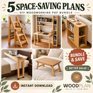 Space-Saving Furniture Plans Bundle, 5 DIY Woodworking PDFs: Ladder Chair, Folding Desk, Sofa Table, Overbed Table & Bed Tray