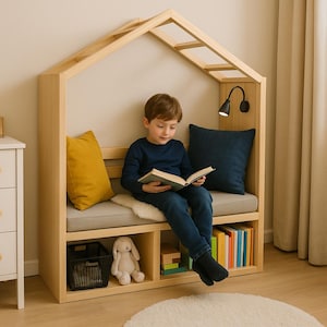 May include: A wooden reading nook shaped like a house, with a built-in bench, storage, and a small lamp. The nook has a gray cushion, yellow and navy blue pillows, and is filled with books and a stuffed animal. A child is reading a book.