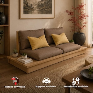 May include: A low-profile wooden sofa platform featuring two brown upholstered seat cushions and two matching back cushions. Two mustard yellow rectangular throw pillows are placed on the seat. The base includes integrated side tables.