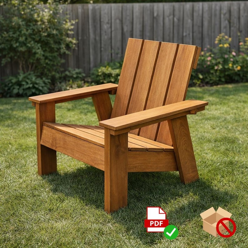 Op de afbeelding: Een natuurlijke bruine houten buitenstoel met een lattenrugleuning, een platte zitting en brede armleuningen. De stoel is geconstrueerd met dikke, stevige poten en horizontale houten planken, met een gladde afwerking en zichtbare houtnerf.