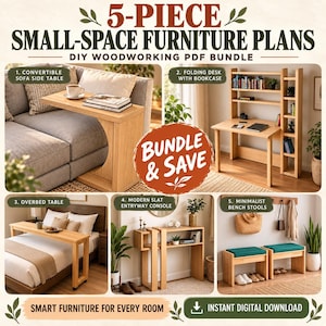 Puede incluir: Un paquete de 5 planos de muebles en PDF con diseños de carpintería DIY para una mesa auxiliar convertible de madera clara, un escritorio plegable con estantería, una mesa de cama, una consola de entrada de listones y dos bancos con cojines verde azulado.