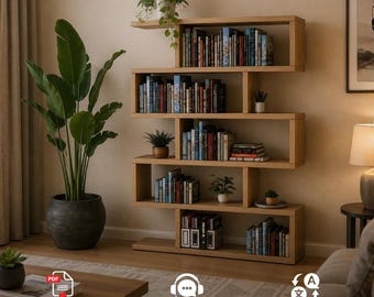 May include: A light wood bookshelf with a zig-zag, asymmetrical design featuring five horizontal shelves filled with various books, small potted plants, and a cup of pens. The structure is open-backed and composed of rectangular wooden segments.