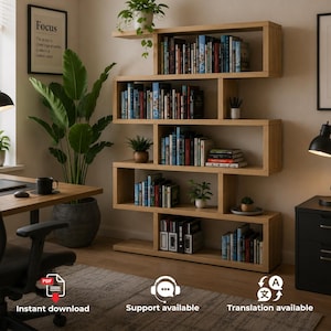May include: A light wood, multi-tiered, S-shaped bookshelf featuring five horizontal shelves arranged in a staggered, open-back design. The shelves are filled with various books, small potted green plants, and a white cup holding pens.