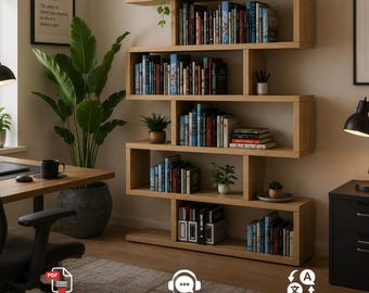 May include: A light wood, multi-tiered, asymmetrical bookshelf featuring an open, zig-zag design. The shelves are filled with various books, small potted plants, and a white cup. The structure is composed of rectangular compartments.