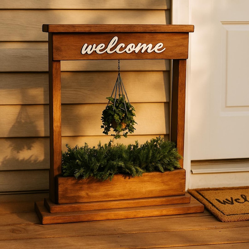 May include: A wooden welcome sign with a planter box. The sign has the word "welcome" in white script. A hanging basket with greenery is suspended below the sign. The planter box is filled with green plants. The wood has a warm, brown stain.