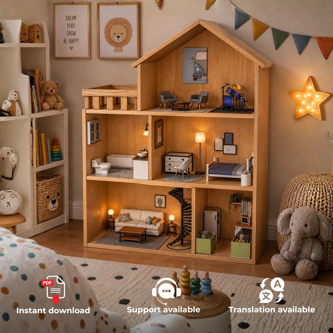 handmade木製ドールハウス テディベア付き Wooden dollhouse - Etsy 日本