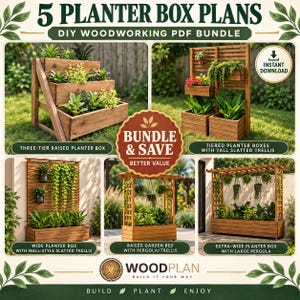 Op de afbeelding: Een digitaal pakket met 5 plantenbakplannen getiteld 5 PLANTER BOX PLANS DIY WOODWORKING PDF BUNDLE. De afbeelding toont vijf houten tuinconstructies: een verhoogde plantenbak met drie niveaus, een getrapte plantenbak met latwerk, een wandplantenbak met latwerk, een verhoogd tuinbed met pergola en een extra brede plantenbak met pergola.