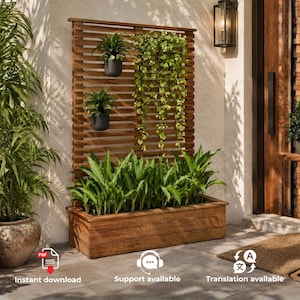 Puede incluir: Una jardinera rectangular alta de madera con un enrejado vertical de listones integrado. La estructura sostiene una base grande de plantas verdes, dos plantas pequeñas en macetas montadas en los listones y una enredadera larga.
