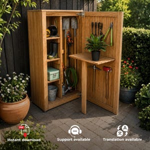 May include: A tall, light-brown wooden garden storage cabinet with a vertical slatted design. The cabinet features open shelving on the left side, a fold-down work surface on the right door, and interior hooks for hanging various gardening tools.