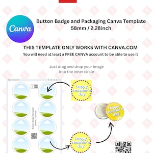 May include: A Canva template for creating 2.28 inch button badges. The template includes a design for a badge that says "Happy Teacher's Day" in yellow with red and blue accents. The template also includes a QR code that links to the website jiaalma.com for more information.