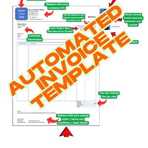 May include: An automated invoice template with areas to insert a company logo, company information, and customer details. The template includes fields for invoice number, date, and tax rate, with instructions for saving and recording invoices.