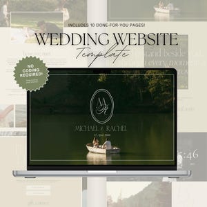 May include: A laptop shows a wedding website template with a tranquil lake scene. The website features the names "Michael & Rachel" and the date "17. April 2049". Text includes "Wedding Website Template" and "No Coding Required!"