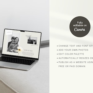 May include: A laptop displaying a wedding invitation template with photos and text. The screen shows a black and white photo collage with the words "How We Met". A dark gray circle with the text "Fully editable on Canva" is on the right.