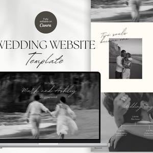 Könnte beinhalten: Eine schwarz-weiße Hochzeit-Website-Vorlage mit einem Laptop, der ein Foto eines Paares zeigt, das an einem Strand entlangläuft. Auf dem Laptop-Bildschirm ist der Text "Mark and Ashley are getting married" zu sehen. Die Website enthält auch einen Hochzeitsplan und ein Foto des Paares.