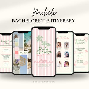 May include: A mobile phone screen displaying a bachelorette party itinerary for Palm Springs, California. The itinerary includes important information, a weekend schedule, and photos of the bride tribe. The background is pink with white stripes.