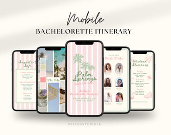 May include: A mobile phone screen displaying a bachelorette party itinerary for Palm Springs, California. The itinerary includes important information, a weekend schedule, and photos of the bride tribe. The background is pink with white stripes.