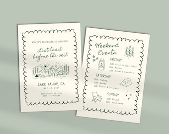 Camp Bachelorette Party Invitation and Itinerary Template | Mountain Bachelorette Girls Trip Weekend Invite Hike Last Trail Before The Veil