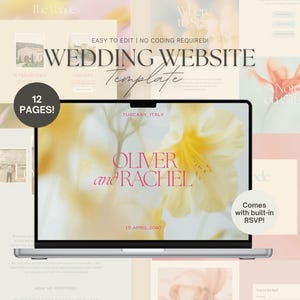 Op de afbeelding: Een laptop toont een sjabloon voor een trouwwebsite met de namen "Oliver and Rachel" en de datum "15 april 2040". Het ontwerp maakt gebruik van zachte kleuren en bloemaccenten. Tekst omvat "Gemakkelijk te bewerken | Geen codering vereist!" en "Wordt geleverd met ingebouwde RSVP!"