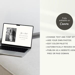 May include: A laptop displays a wedding invitation with a black and white photo of a couple. The text "You're Invited!" is visible. Additional text on the screen includes the date. A circular graphic reads "Fully editable on Canva".