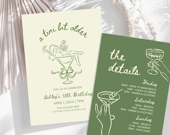 Plantilla de invitación de cumpleaños con martini, itinerario de viaje de chicas (descarga digital)