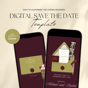 Puede incluir: Plantilla digital de guardar la fecha que se muestra en dos teléfonos inteligentes. El diseño presenta un sobre dorado con un sello de cera rojo y el texto "Michael and Rachel" en una escritura elegante. El texto "Easy to Customize | No Coding Required!"