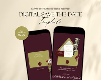 Fig and Olive Wedding Save The Date Template, Elegant Wedding Invitation Canva Template Digital Download Old Money Inspired Burgundy Invite