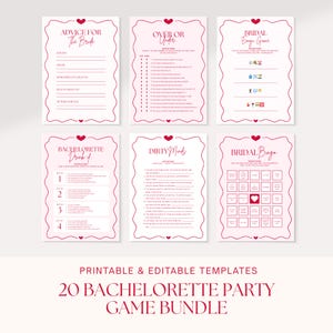 Puede incluir: Un conjunto de seis juegos imprimibles para despedida de soltera con bordes rosas y texto. Los juegos incluyen "Advice for the Bride", "Over or Under", "Bridal Emoji Game", "Bachelorette Drink If", "Dirty Minds" y "Bridal Bingo". También se ve el texto "Printable & Editable Templates" y "20 Bachelorette Party Game Bundle".