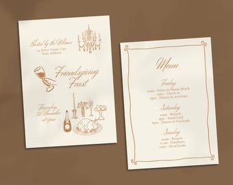 May include: Two cream-colored cards with brown text and illustrations. One card says "Friendsgiving Feast" with a date and time. The other card is a menu with a Friday, Saturday, and Sunday schedule.