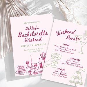 Handgetekende stijl vrijgezellenfeest uitnodiging & reisschema sjabloon, bewerkbare vrijgezellenfeest uitnodiging sjabloon, Girls Gone Mild vrijgezellenfeest