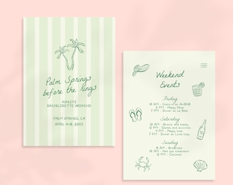 Palm Springs Bachelorette Invitation and Itinerary Template, Coastal Bachelorette Invite, Hand Drawn Beach Bach Party Weekend Itinerary