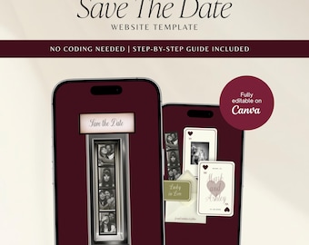 Photobooth Save The Date Wedding Website Template, Vintage Aesthetic Wedding Website Canva Template
