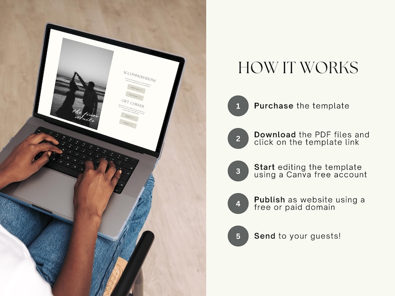 May include: A person using a laptop with a wedding website template displayed on the screen. The screen shows a black and white photo of a couple. Text on the right side says "HOW IT WORKS" with numbered steps.