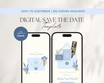 Powder Blue Wedding Save The Date Template, Animated Envelope Design (Digital Download), Wedding Save The Date Website Canva Template
