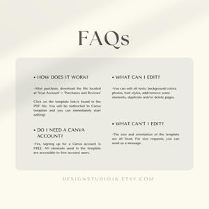 May include: FAQs about a Canva template for editing. The text explains how to download and edit the template, whether a Canva account is required, and what can and cannot be edited. The text also includes the website address DESIGNSTUDIOJK.ETSY.COM.