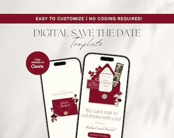 Burgundy Red Wedding Save The Date Template, Elegant Wedding Invitation Canva Template (Digital Download), Save the Date Website Template