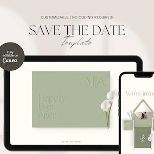 Może przedstawiać: Cyfrowy szablon zaproszenia ślubnego wyświetlany na tablecie i smartfonie. Tablet pokazuje szałwiową zieloną kartę z tekstem "Happily Ever After" i inicjałami. Smartfon wyświetla pasujący projekt zaproszenia. Tekst "Save the Date" znajduje się na górze.