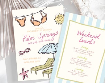 Palm Springs Bachelorette Invitation and Itinerary Template, Coastal Bachelorette Invite, Hand Drawn Beach Bach Party Weekend Itinerary