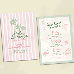 Palm Springs Bachelorette Einladung und Reiseplan Vorlage, Küsten Bachelorette Einladen, Hand gezeichnet Strand Bach Party Wochenend-Reiseplan