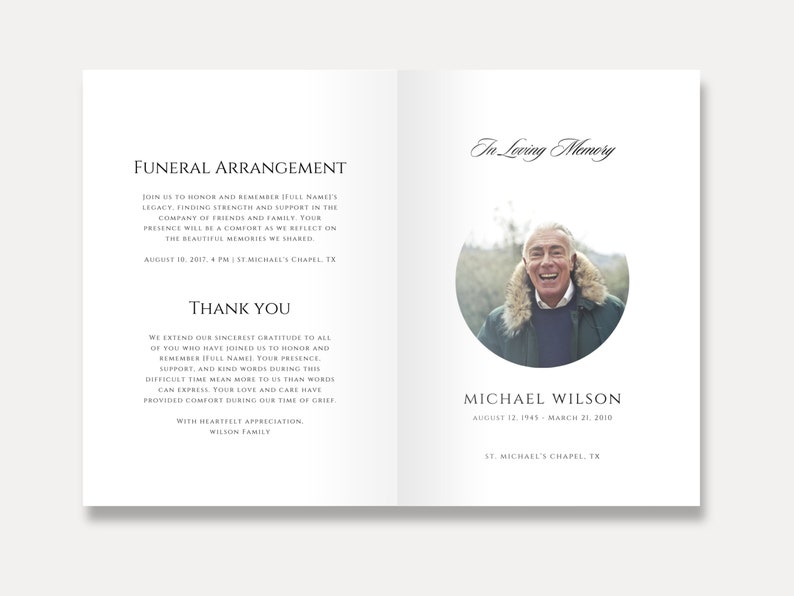 Simple Funeral Program Template Editable Black and White Etsy