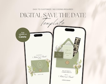 Sage Green Wedding Save The Date Template, Elegant Wedding Invitation Canva Template (Digital Download), Save the Date Website Template
