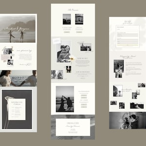 May include: A wedding website design with a neutral color palette. The design includes black and white photos, text, and layout elements. The website features sections for the couple's story, RSVP, and wedding details.
