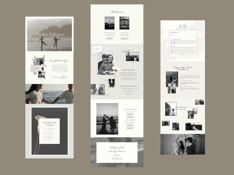 May include: A wedding website design with a neutral color palette. The design includes black and white photos, text, and layout elements. The website features sections for the couple's story, RSVP, and wedding details.