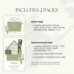 May include: Digital wedding invitation design featuring two pages. The front page shows a sage green envelope with floral accents and text. The main invitation page includes a photo strip and customizable elements. Text includes "Includes 2 Pages".