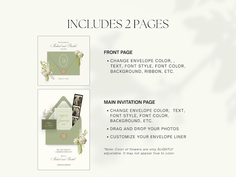 May include: Digital wedding invitation design featuring two pages. The front page shows a sage green envelope with floral accents and text. The main invitation page includes a photo strip and customizable elements. Text includes "Includes 2 Pages".